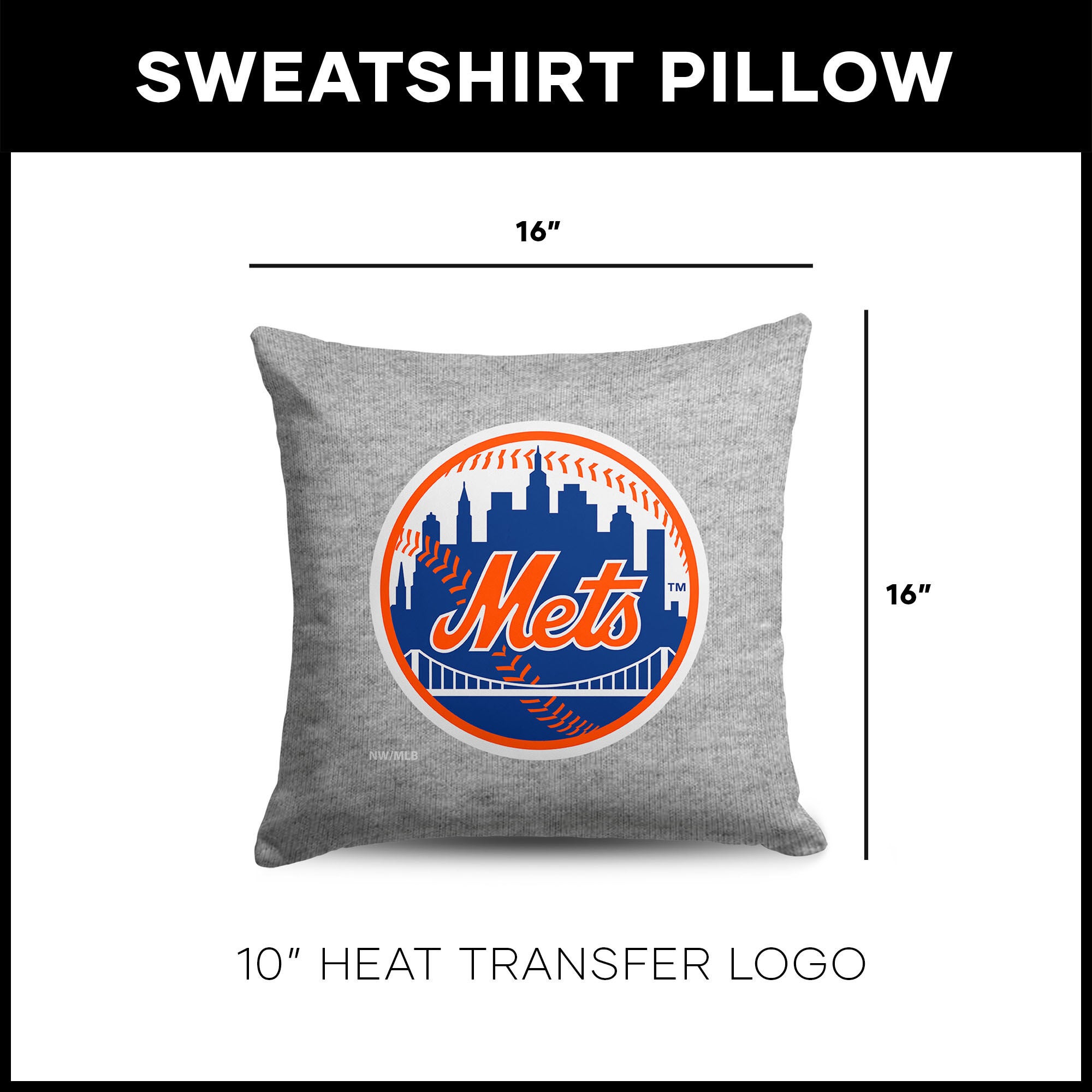 New York Mets MLB Primary Sweatshirt PIllow 16 Inches, GRAY, alternate image number 4