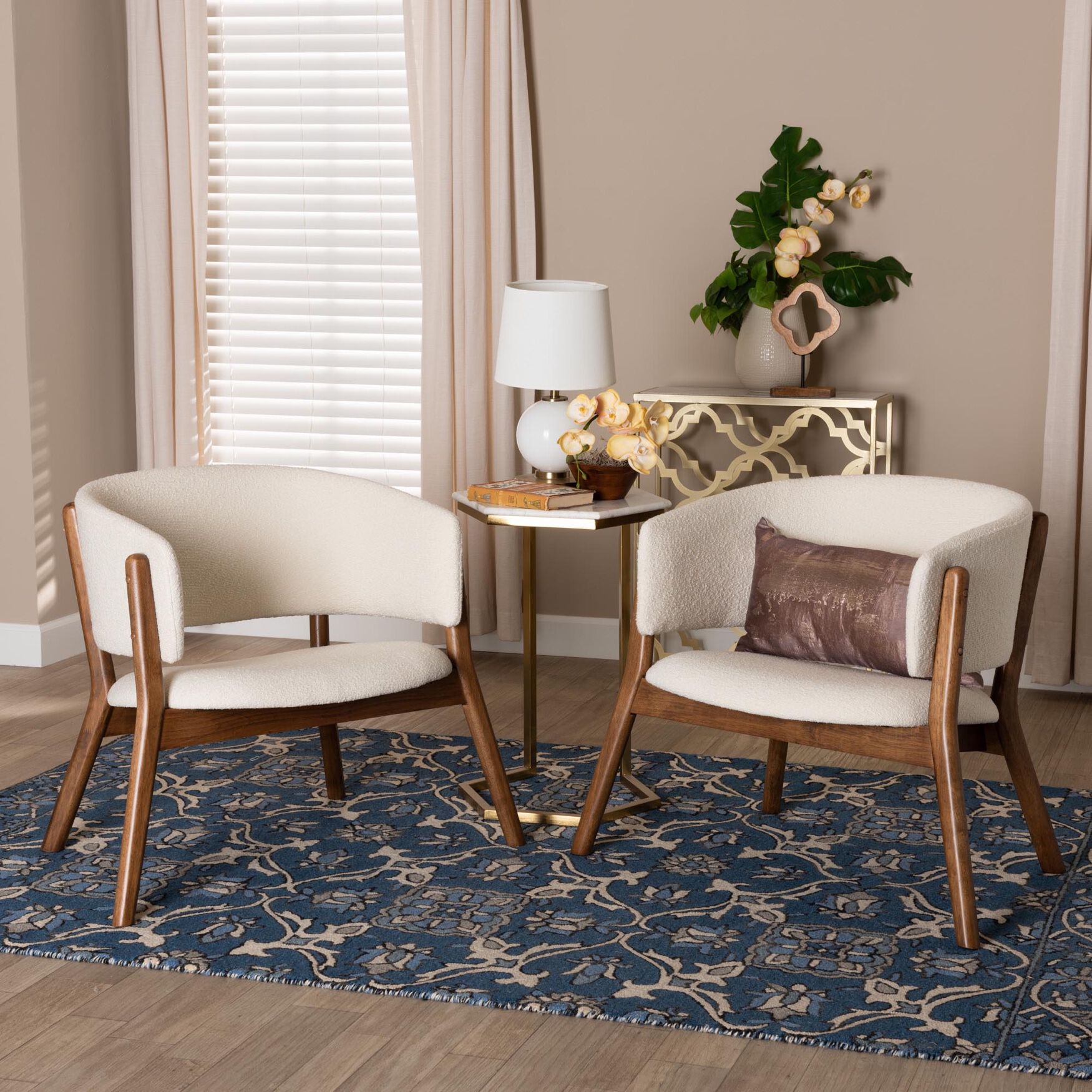 Baron Mid-Century Modern Cream Boucle Fabric Upholstered and Walnut Brown Finished Wood 2-Piece Living Room Accent Chair Set, , alternate image number 11