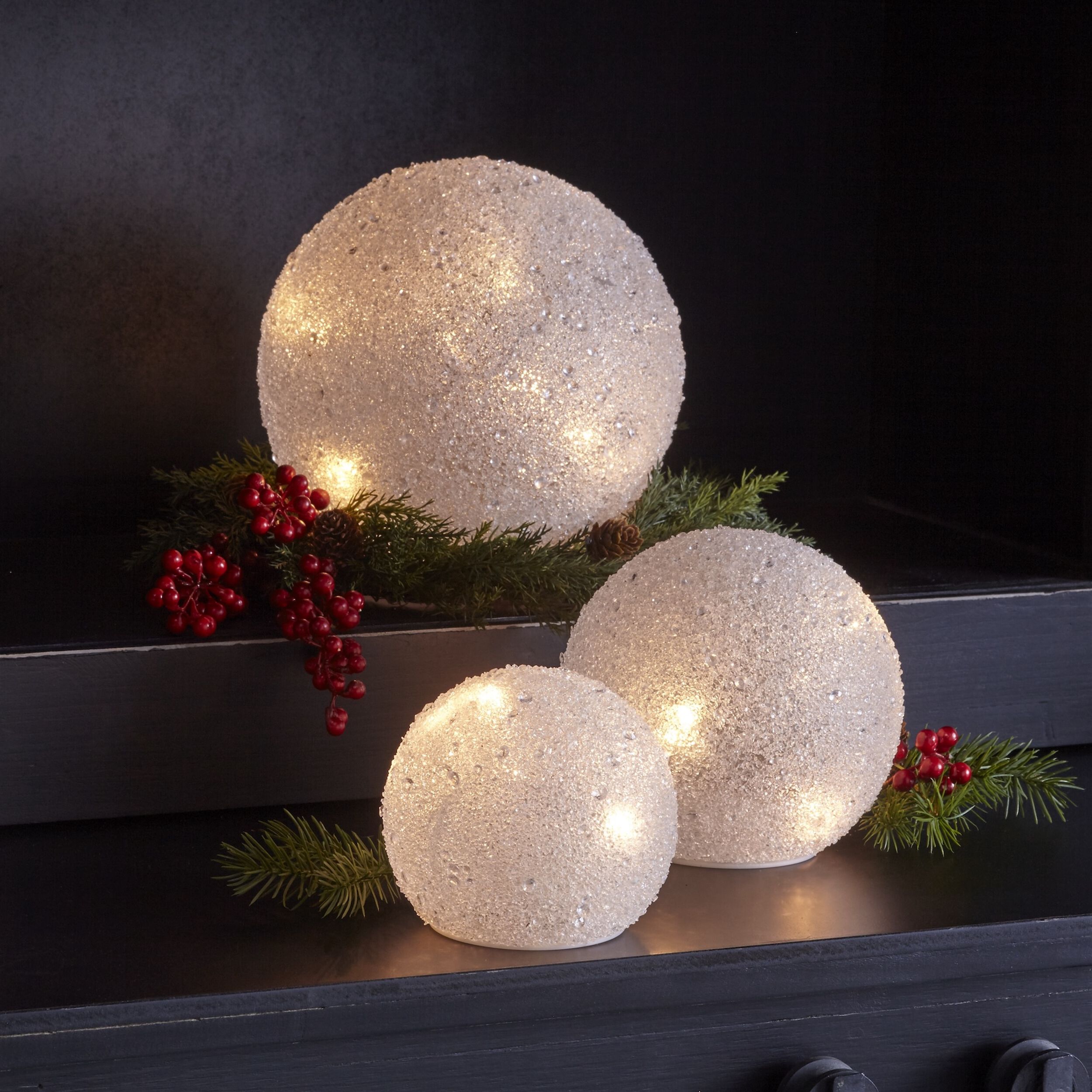 LED Frosted Snowball Globe (Set of 3), WHITE, alternate image number 2