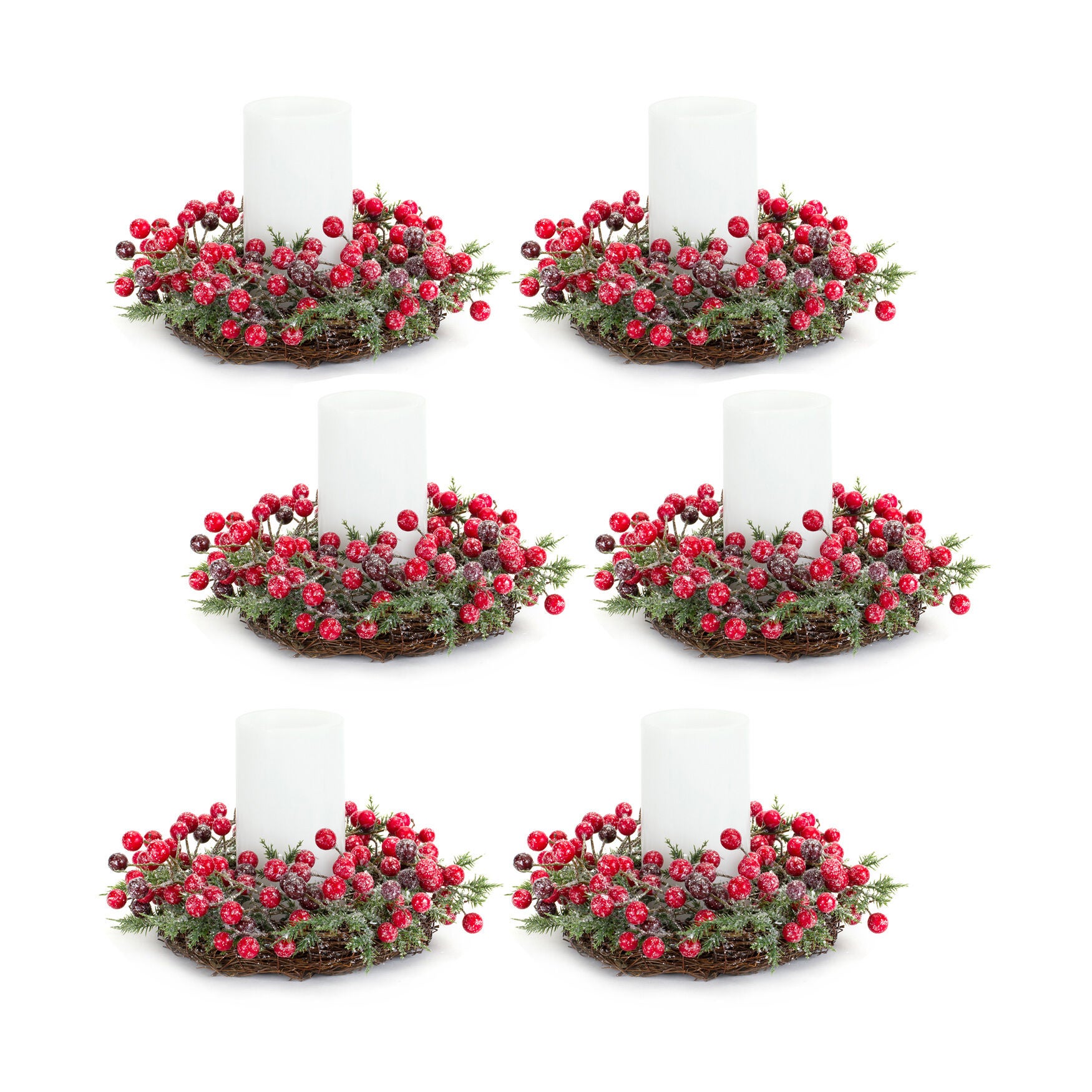 Frosted Winter Berry Pine Candle Ring With Grapevine Base (Set Of 6), , on-hover image number 1