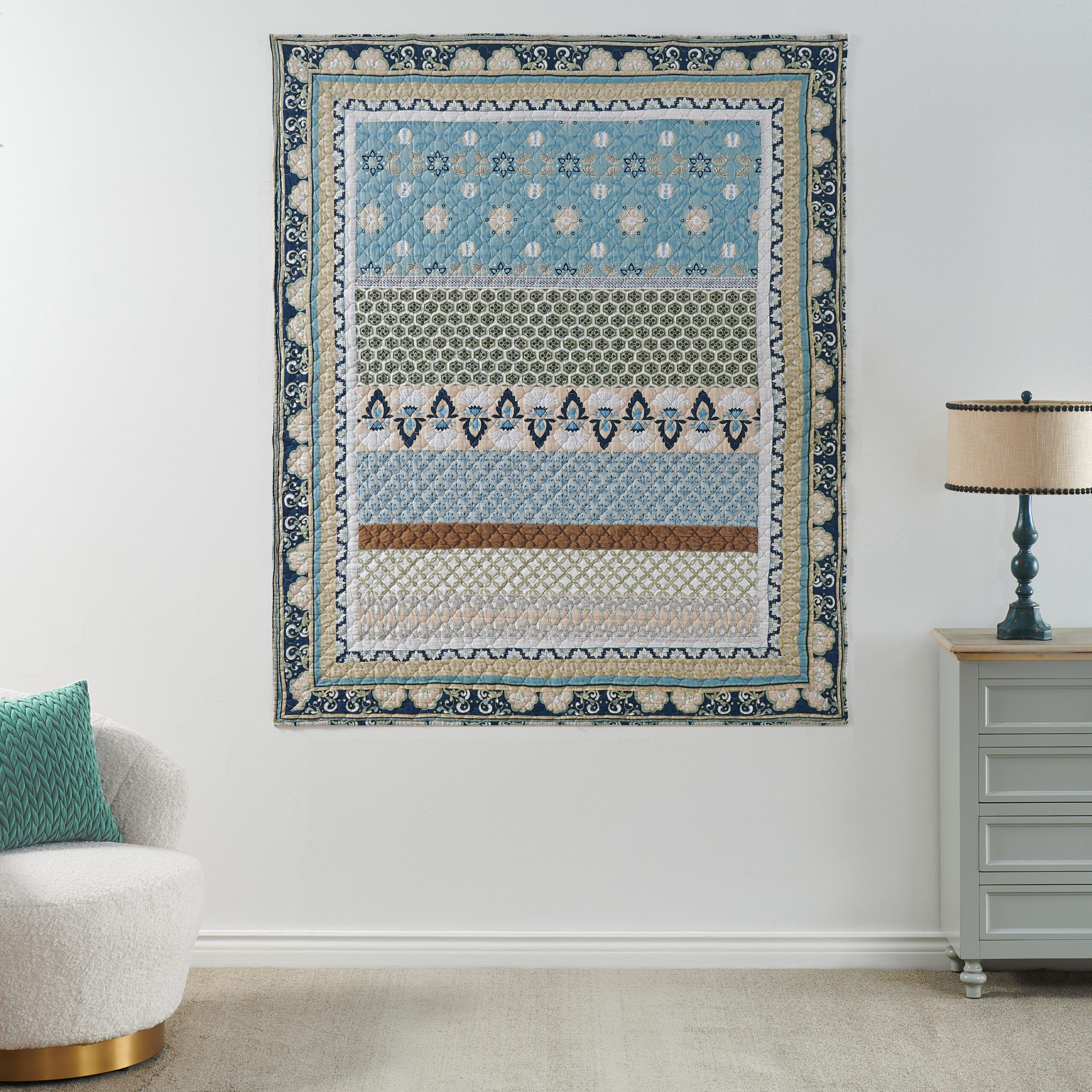 Thalia Bohemian Quilted Throw Blanket, Blue, BLUE, on-hover image number 1