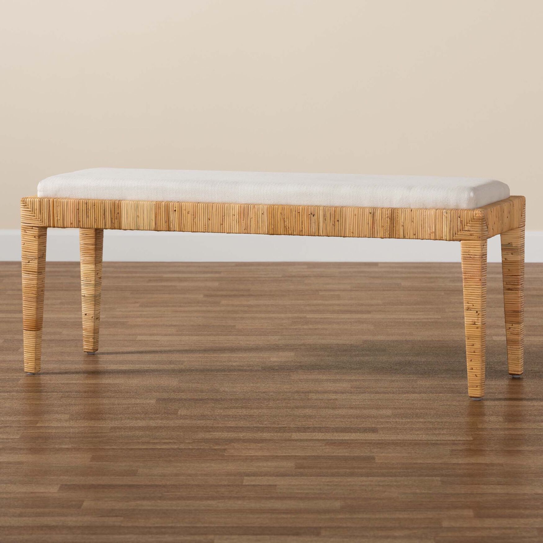 Sofia Modern Bohemian Natural Brown Rattan And Mahogany Wood Bench, , alternate image number 5