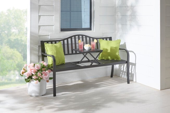 Garden Bench with Retractable Table, BLACK, hi-res image number null