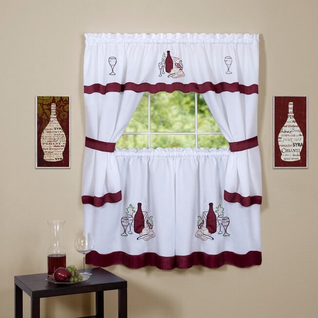 Cabernet Embellished Cottage Window Curtain Set, BURGUNDY, hi-res image number 0