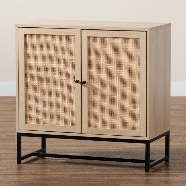 Caterina Mid-Century Modern Transitional Natural Brown Finished Wood And Natural Rattan 2-Door Storage Cabinet, , alternate image number 8