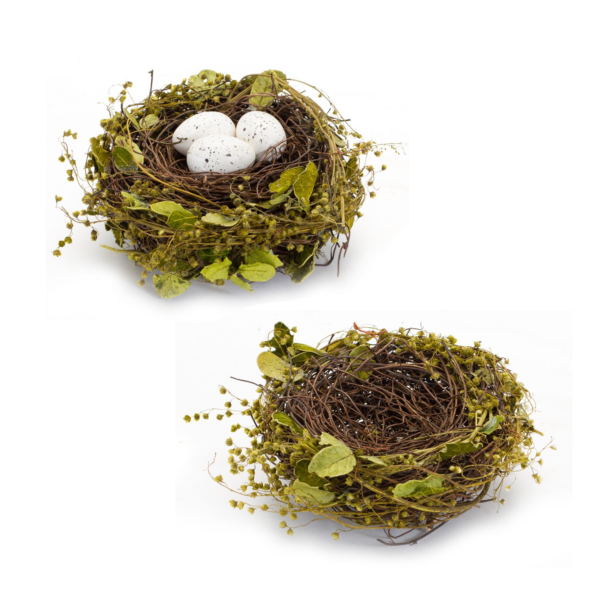 Nest and Nest with Eggs (Set of 4) 7 inchesD x 3.5 inchesH Natural/Foam, GREEN/BROWN, alternate image number 1