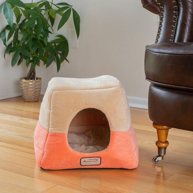 2-In-1 Cat Bed Cave Shape And Cuddle Pet Bed, Orange Beige, , on-hover image number 1
