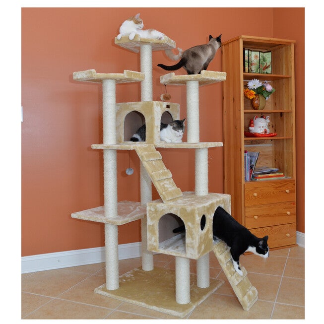 Multi-Level 74 inches Real Wood Cat Tree Play Furniture With Sratchhing Posts, Large Playforms, , alternate image number 2