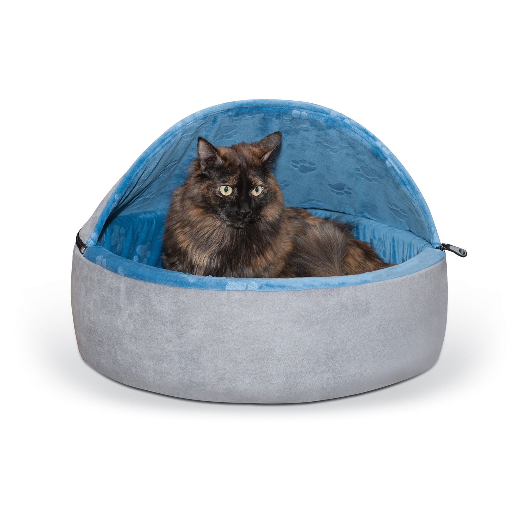 Self-Warming Hooded Kitty Cat Bed, BLUE GRAY, hi-res image number 0