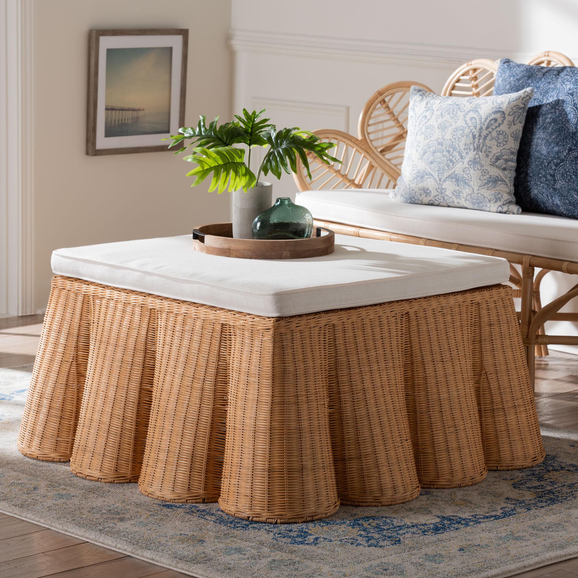 Palm Scallop Natural Rattan Ottoman, 39 inches Square, LIGHT HONEY, hi-res image number 0