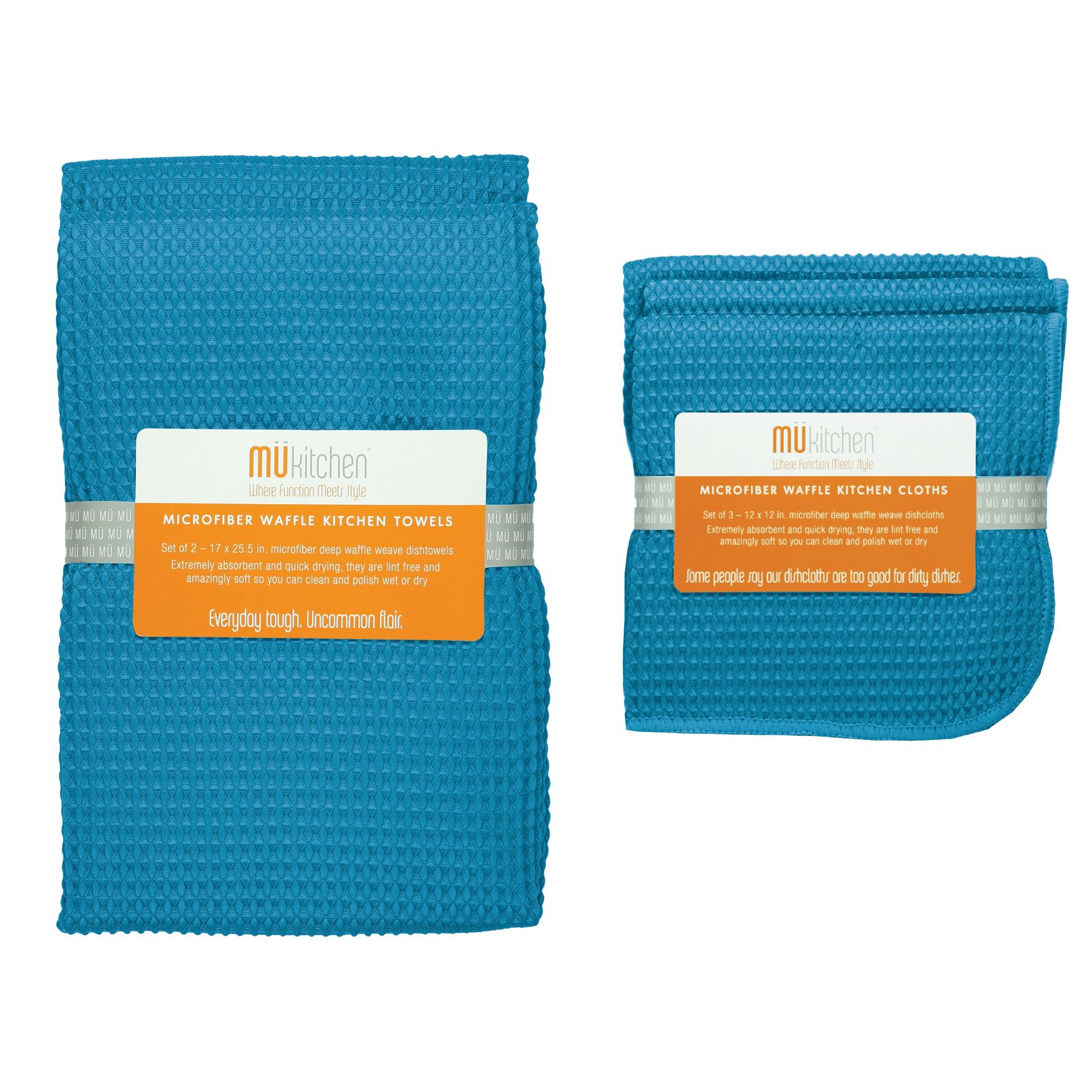 Microfiber Waffle Cloth & Towel 5pc Set, SEA BLUE, hi-res image number 0