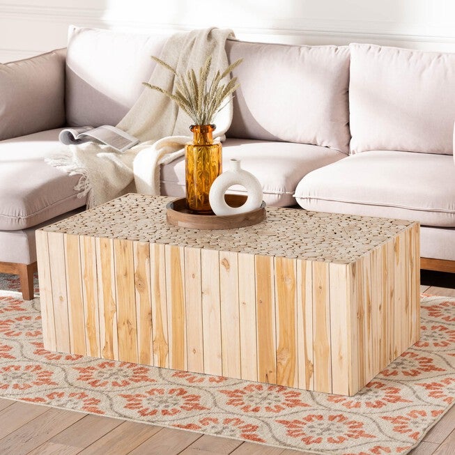 Grayson Bohemian Natural Teak Wood Coffee Table with Unique Repurposed Wood Logs, NATURAL, hi-res image number 0
