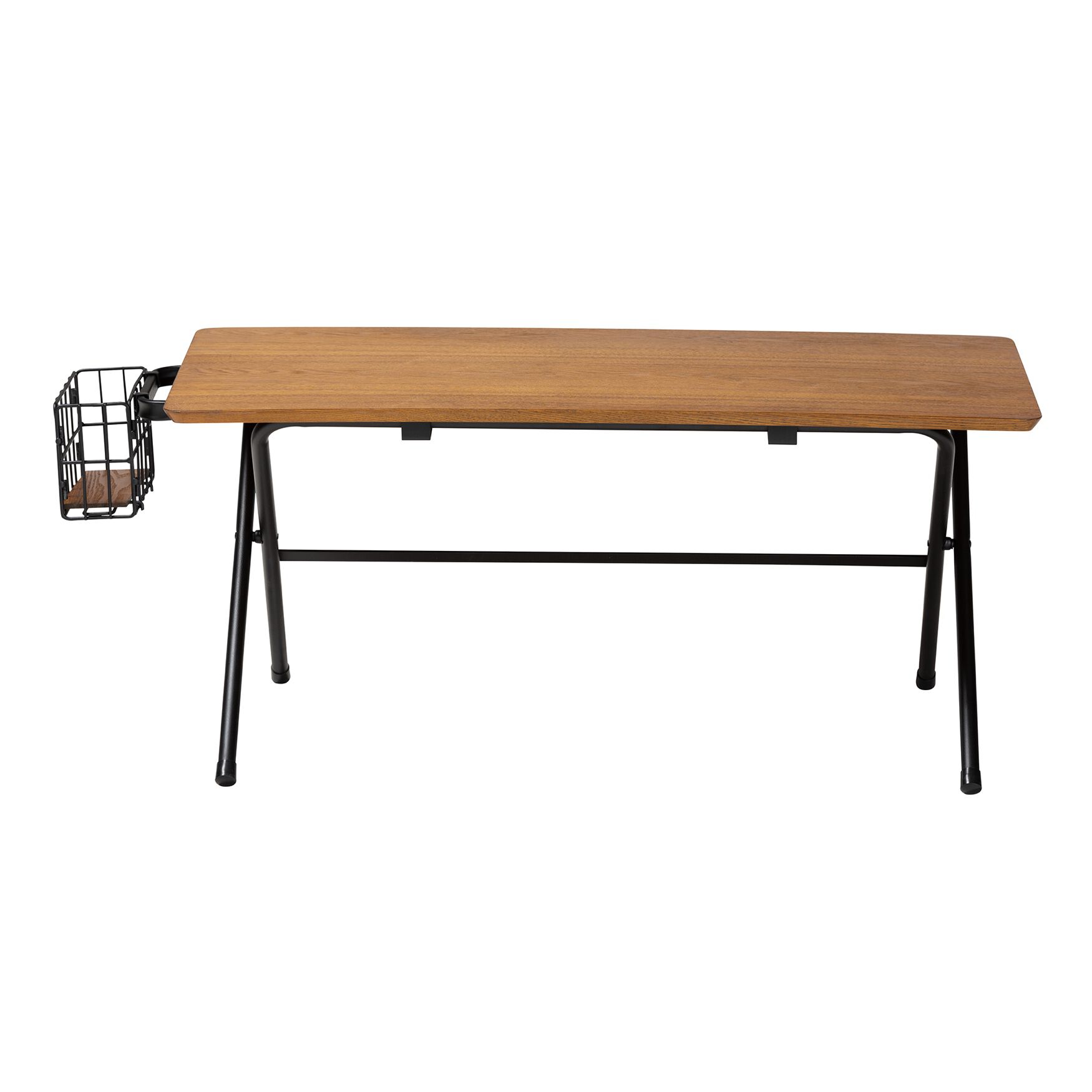 Low profile coffee table with wood top and black wire storage basket