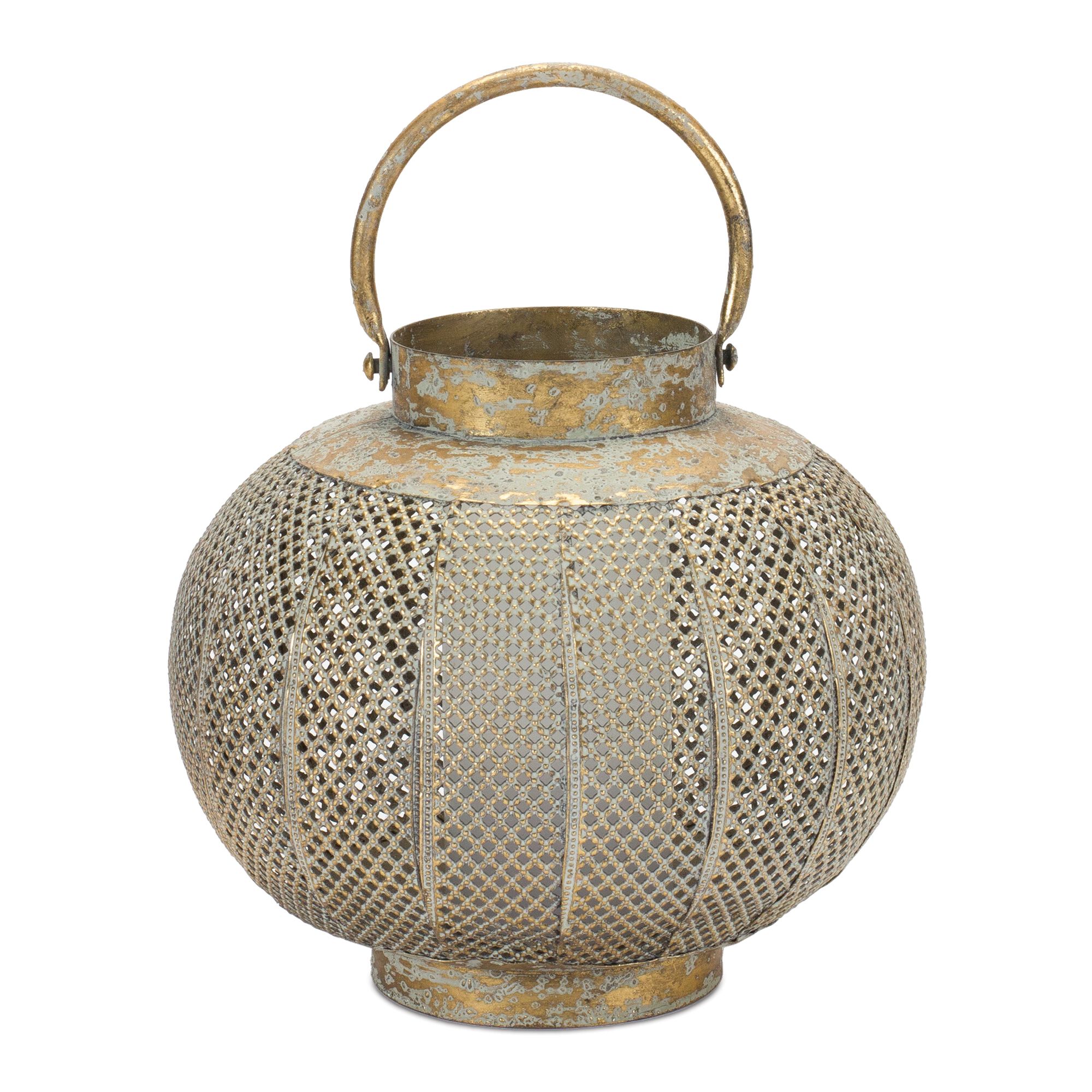 Distressed Punched Metal Lantern 8.5 inchesD, COPPER/GREEN, hi-res image number 0