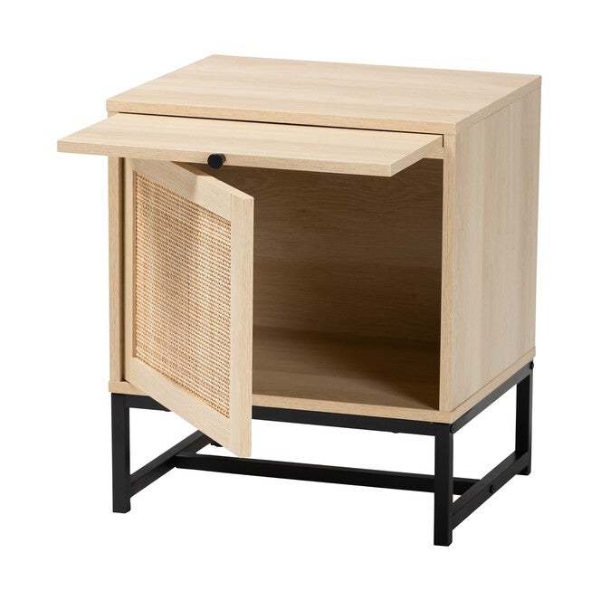 Caterina Mid-Century Modern Transitional Natural Brown Finished Wood And Natural Rattan 1-Door Nightstand With Pull-Out Shelf, , on-hover image number null