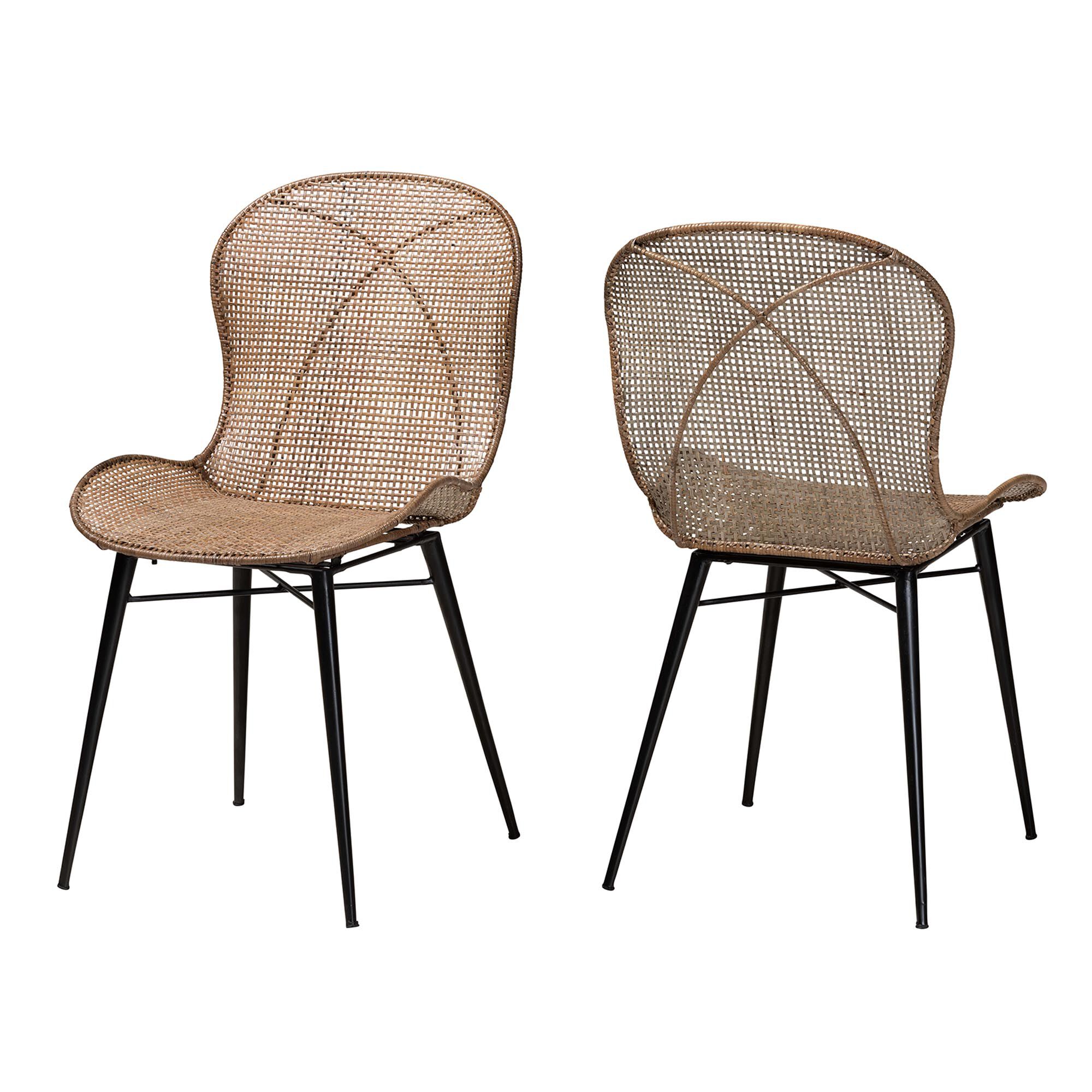 Sabelle Japandi Greywashed Rattan and Black Metal 2-Piece Dining Chair Set, BLACK, alternate image number 2