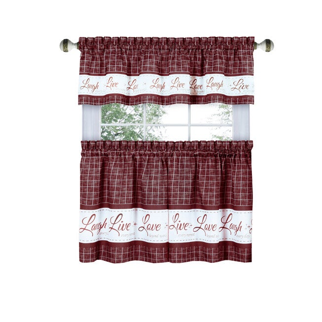 Live, Love, Laugh Window Curtain Tier Pair and Valance Set - 58x36, BURGUNDY, hi-res image number 0