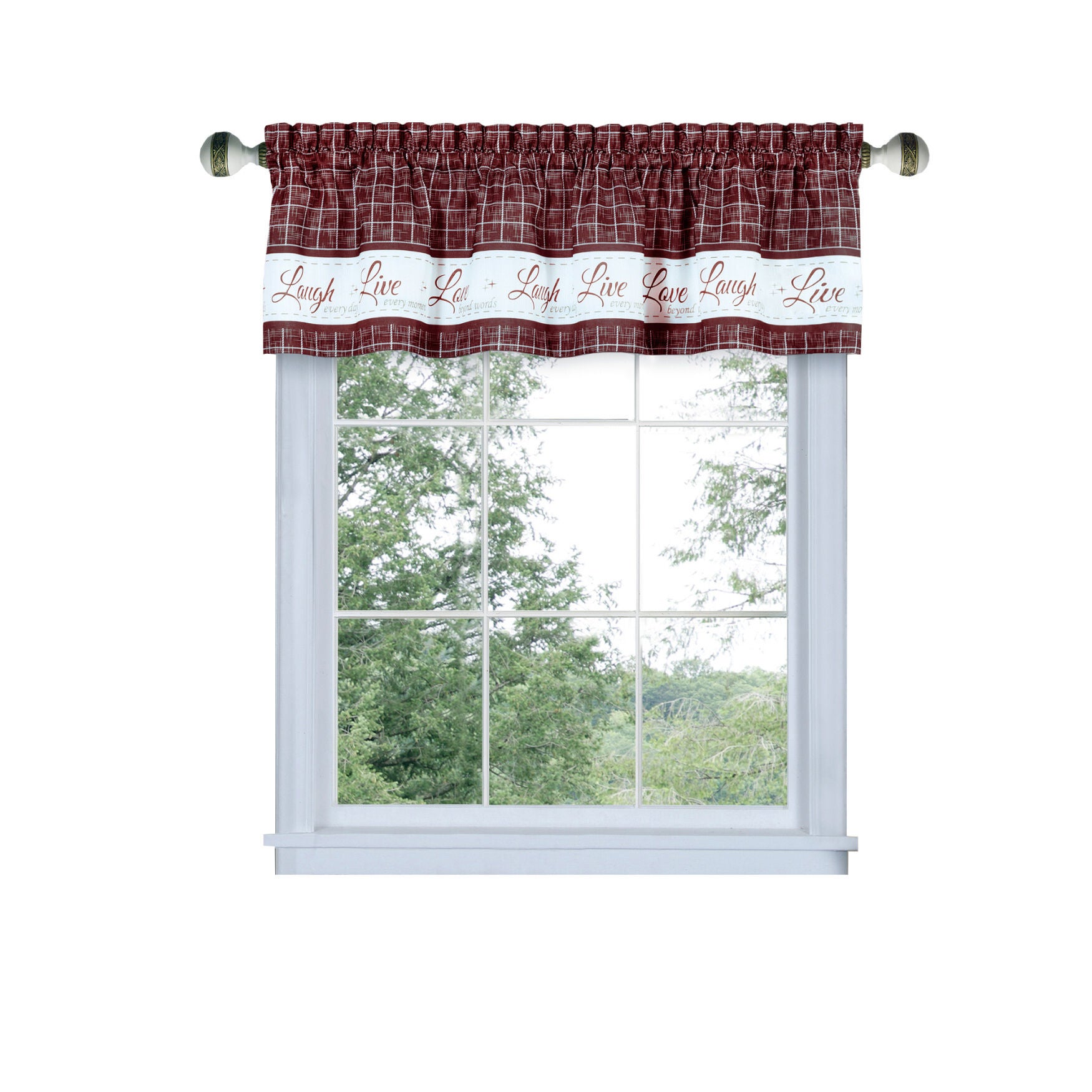 Live, Love, Laugh Window Curtain Valance - 58x14, BURGUNDY, hi-res image number 0