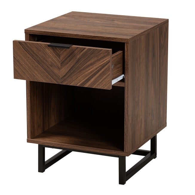 Sadia Modern Walnut Brown Finished Wood And Black Metal 1-Drawer End Table, , on-hover image number 1