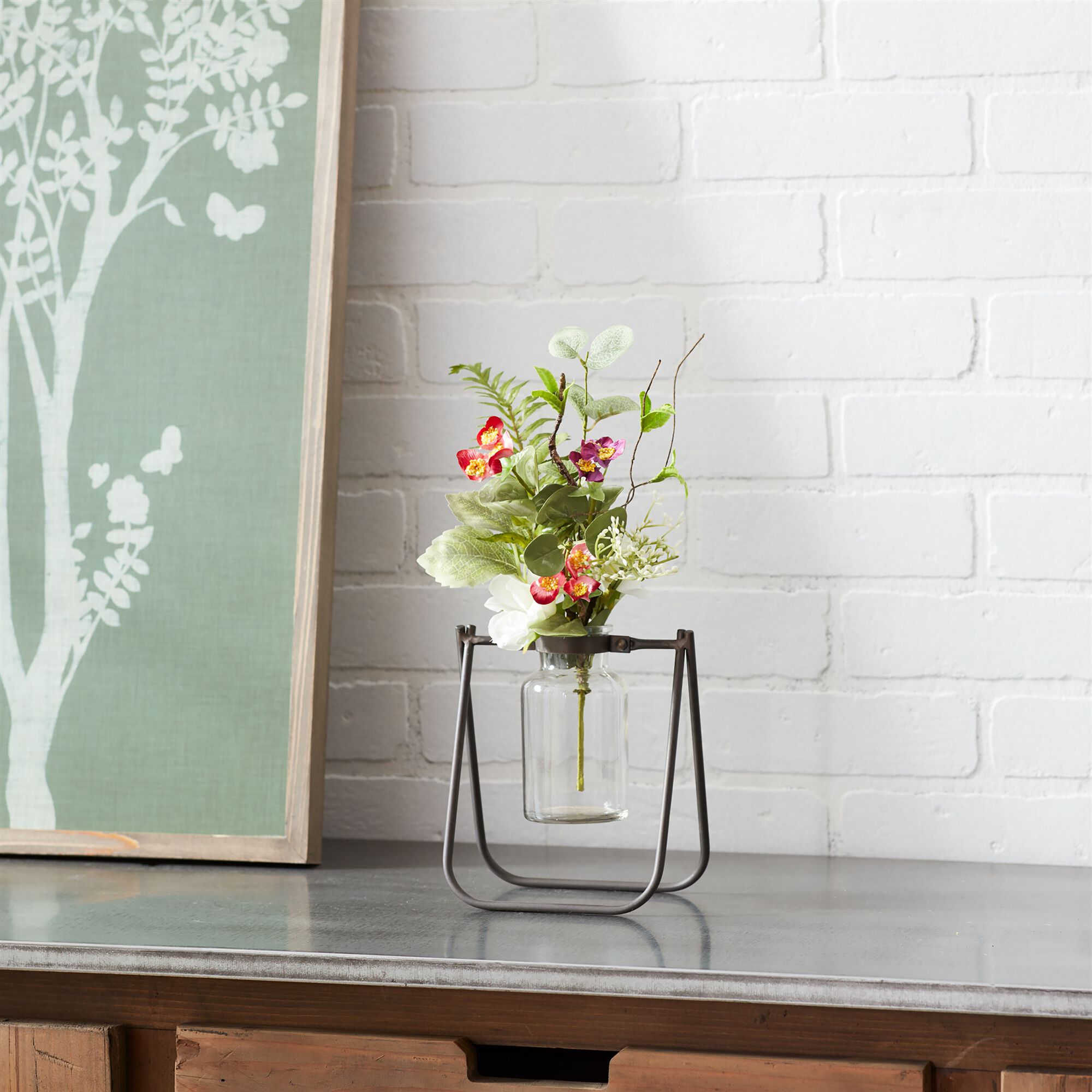 Hanging Glass Jar Vase with Metal Stand Set of 2, BROWN CLEAR, alternate image number 2