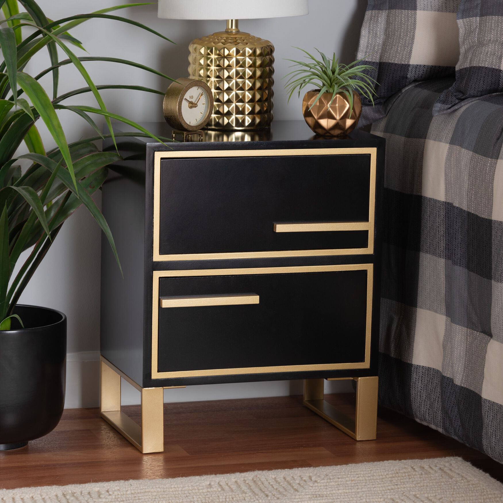 Giolla Contemporary Glam And Luxe Black Finished Wood And Gold Metal 2-Drawer Nightstand, , alternate image number 7