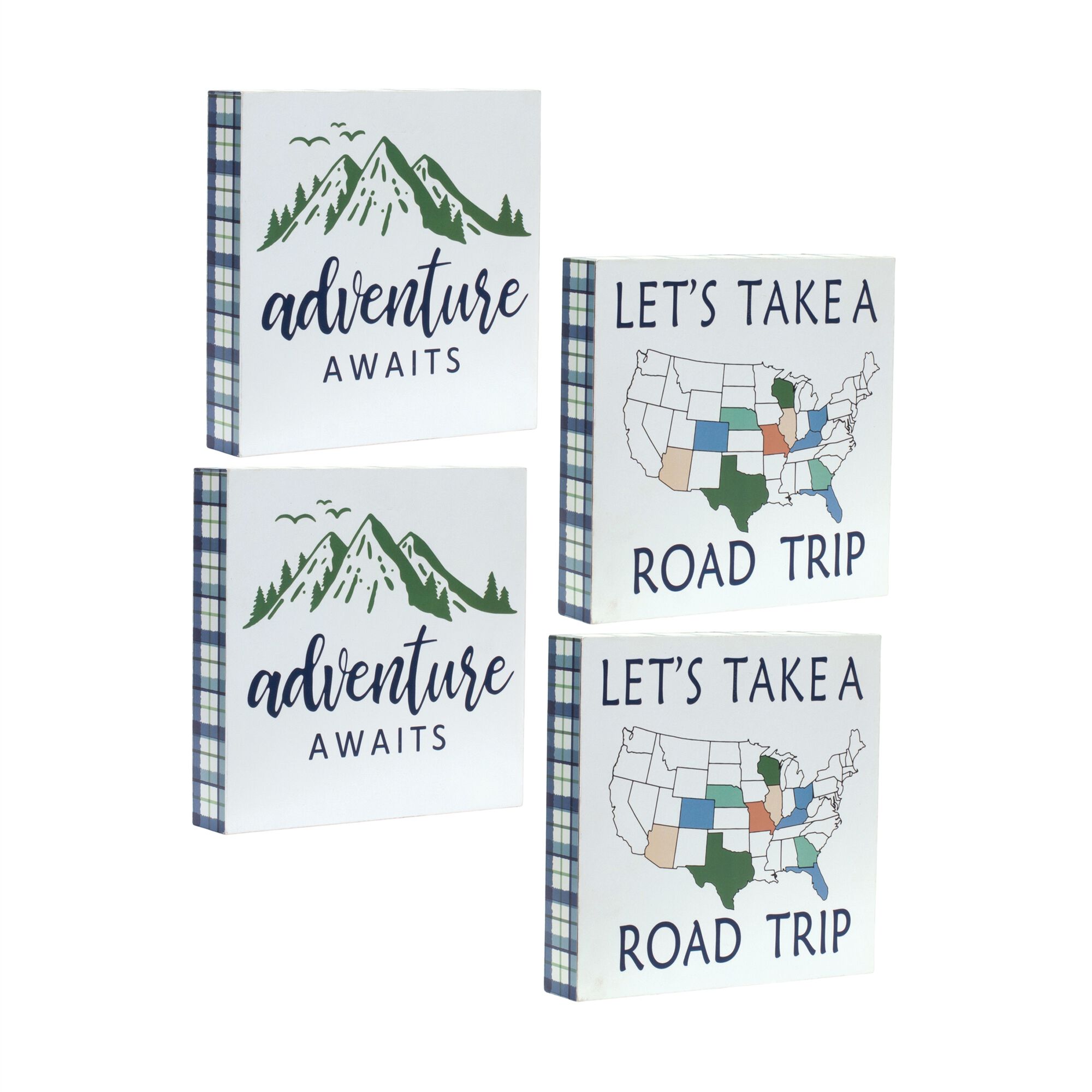 Wood Adventure Block Sentiment Sign (Set of 4), BLUE WHITE GREEN, hi-res image number 0