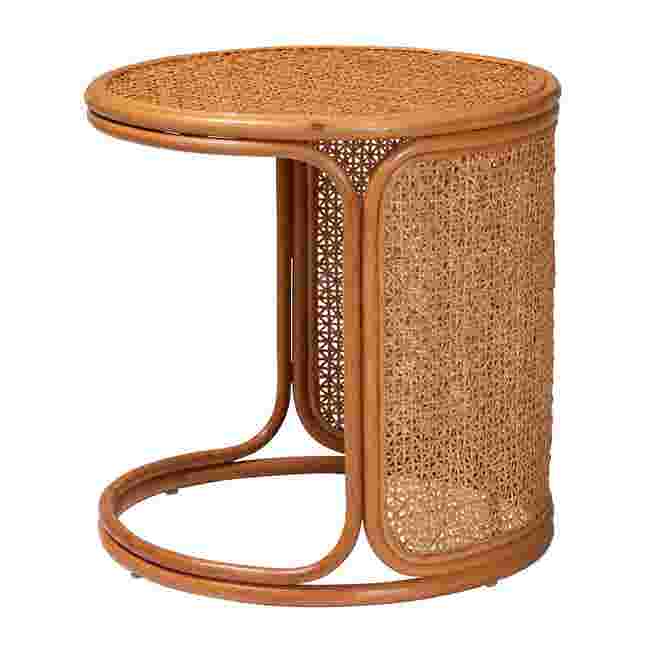 Rattan end table from another side angle with lattice base