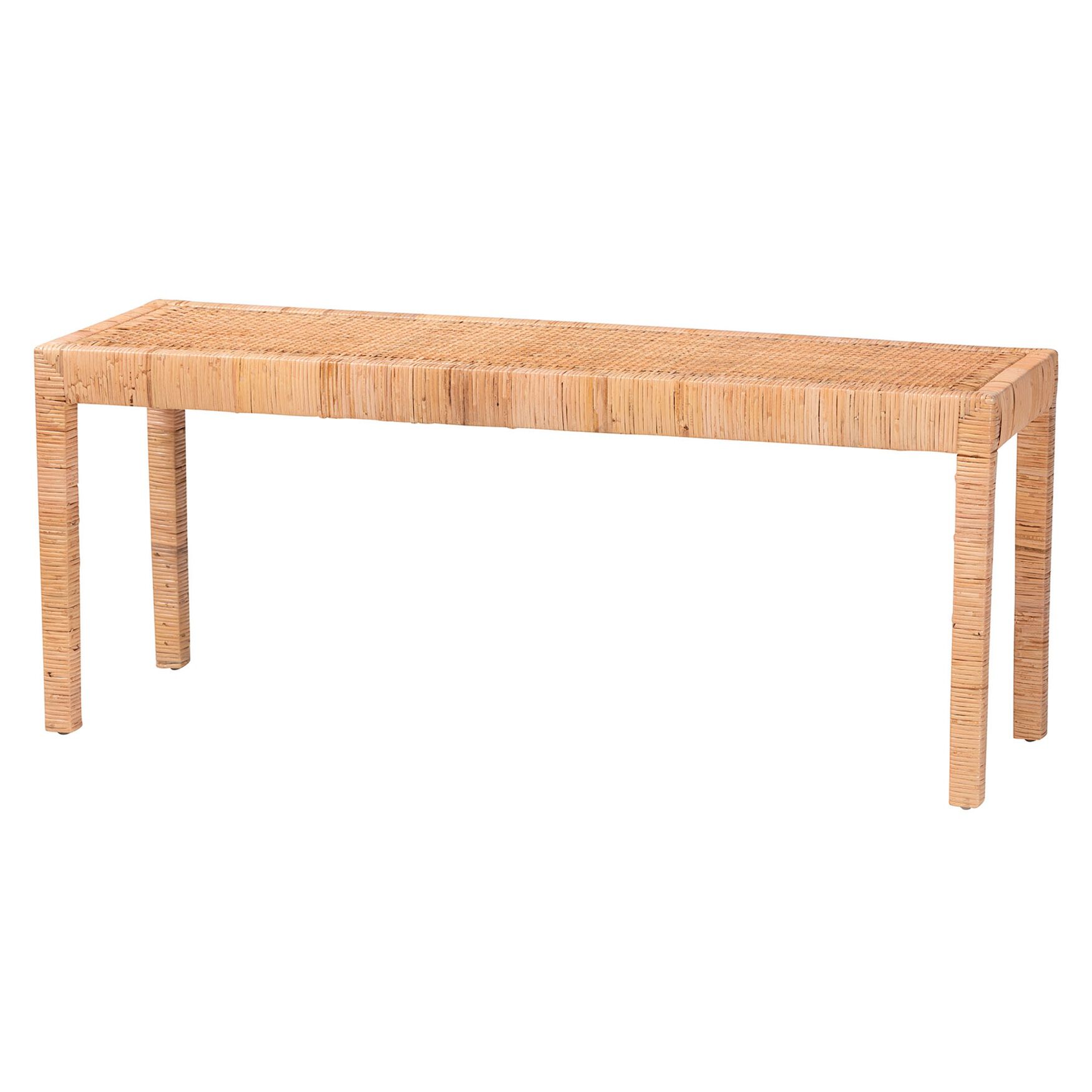 Abelia Modern Bohemian Natural Rattan And Mahogany Wood Long Accent Bench, NATURAL RATTAN, hi-res image number 0