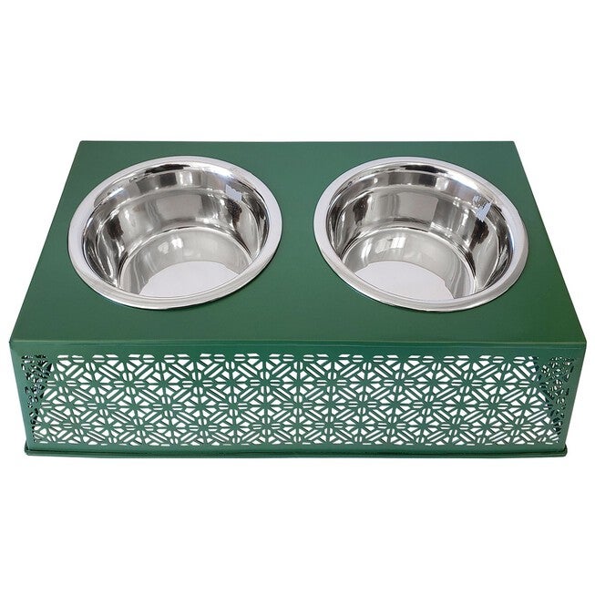 Dark Green Raised Pet Dog Feeder with Bowls, , on-hover image number null