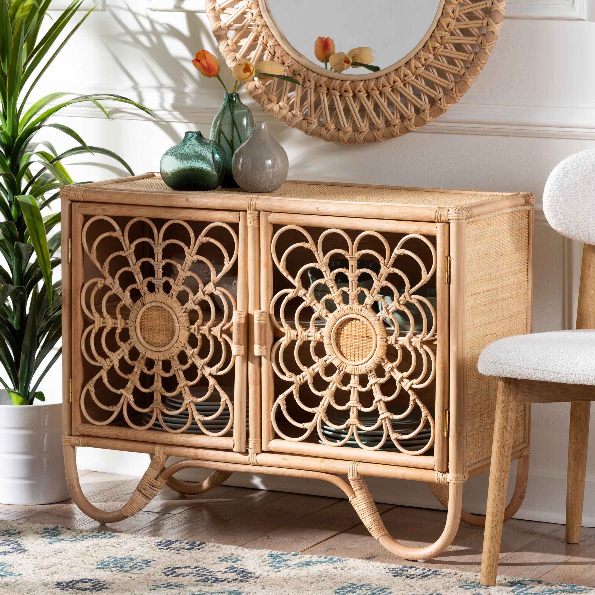 Acelin Natural Rattan Storage Cabinet - Handcrafted Boho Accent Console with Floral Woven Doors, NATURAL, hi-res image number 0
