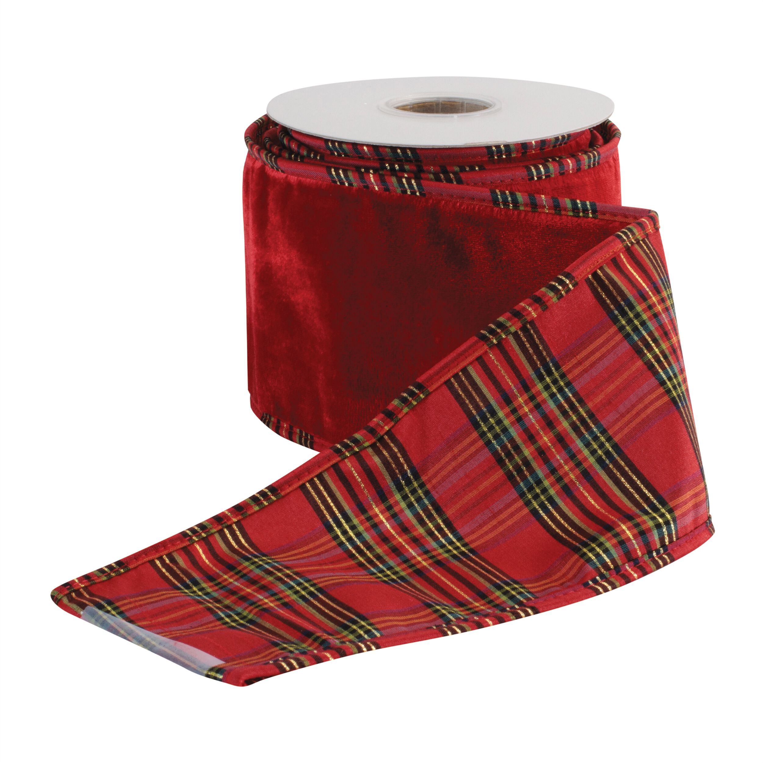 Glittered Plaid Wired Ribbon 4 inches x 5 Yds., RED GREEN GOLD, alternate image number 1