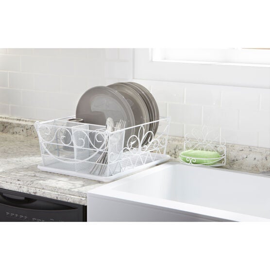 Scroll Dish Rack with Sponge Holder, WHITE, hi-res image number null