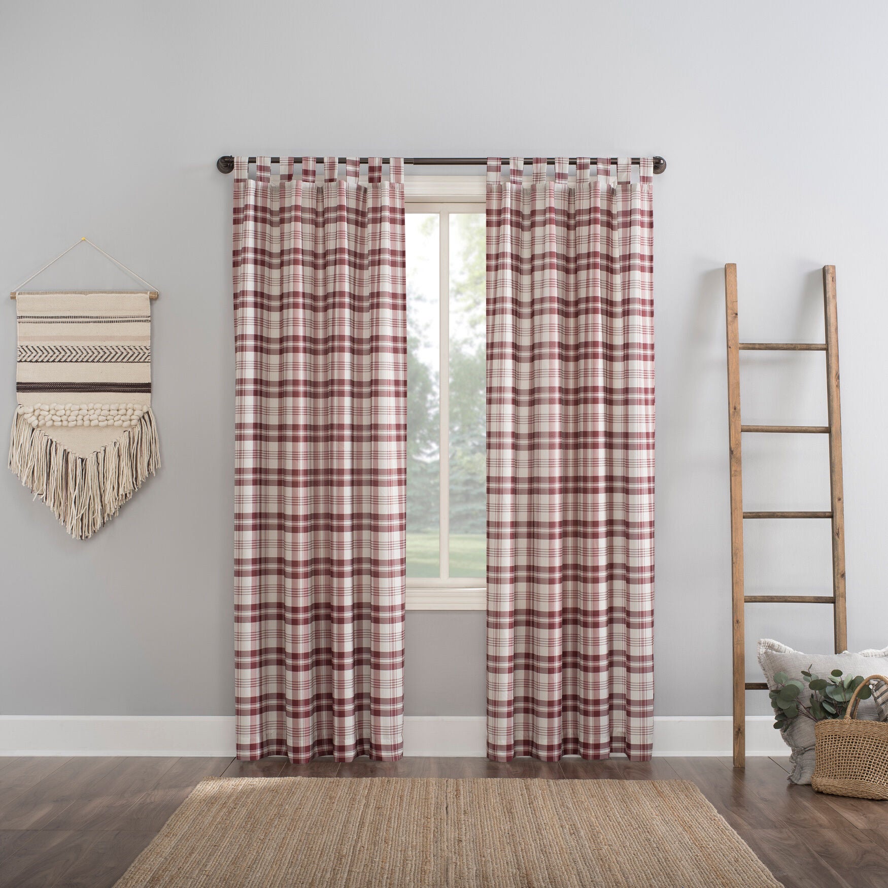 Plaid Semi-Sheer Tab Top Panel, RED, hi-res image number 0