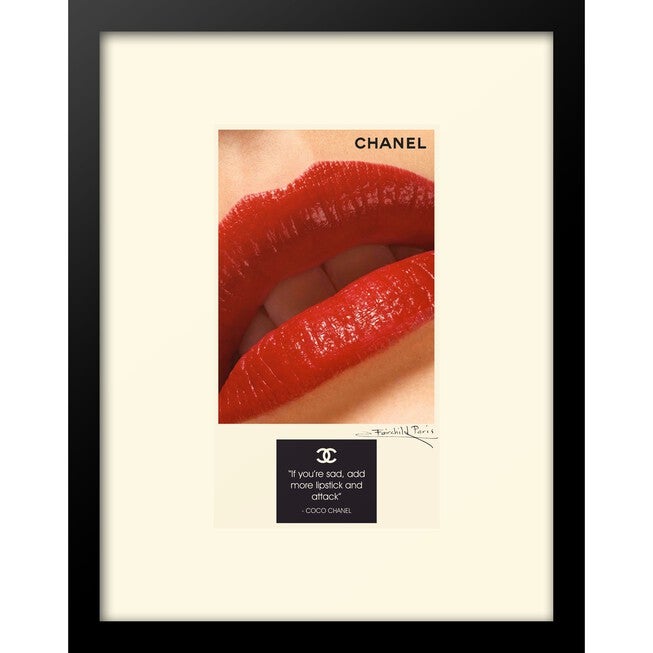 Chanel lips Quote "If you're sad, add more lipstick..." Red 14 inches x 18 inches Framed Print, BLACK WHITE, hi-res image number null
