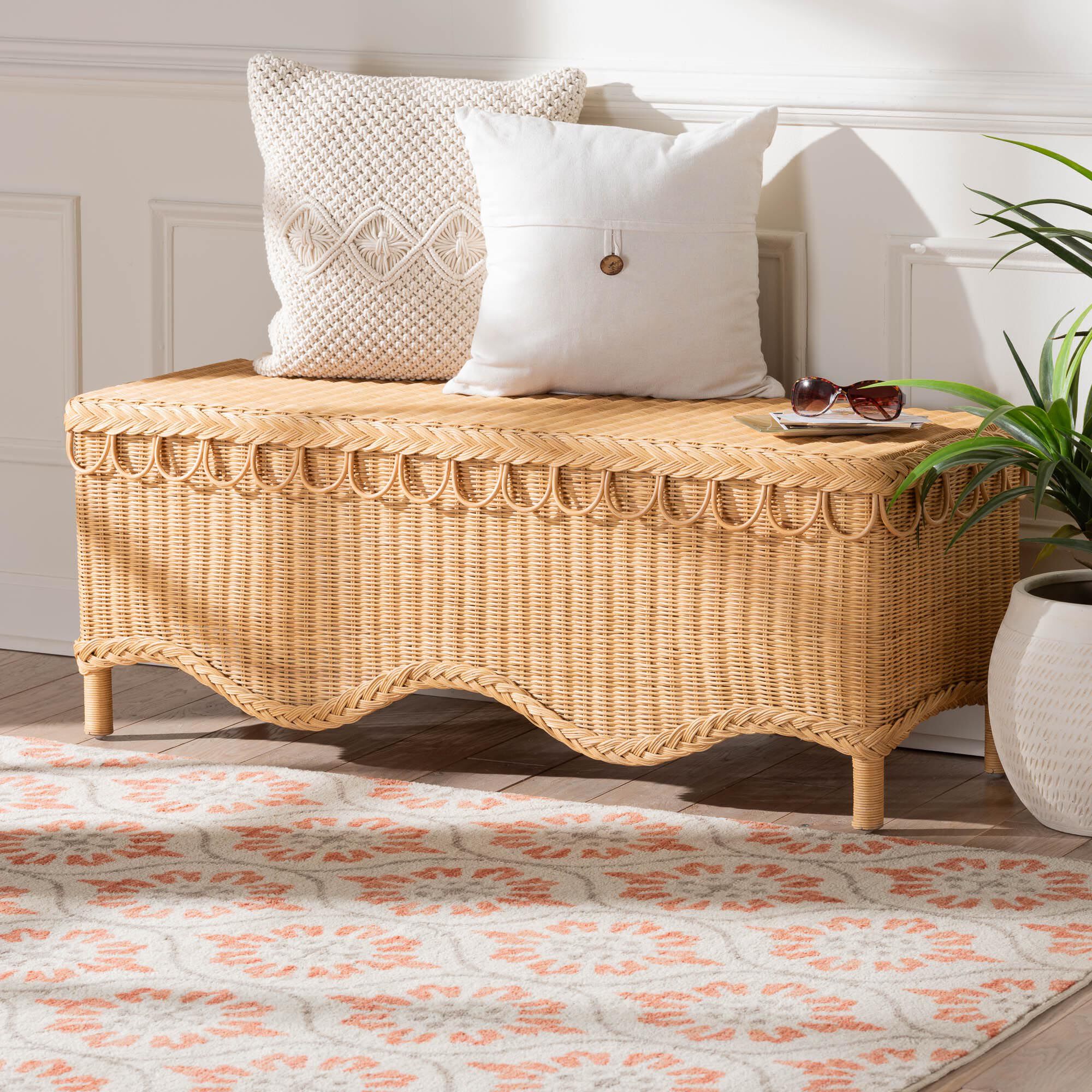 Erla Bohemian Light Honey Rattan Accent Bench with Scallop border, LIGHT, hi-res image number 0