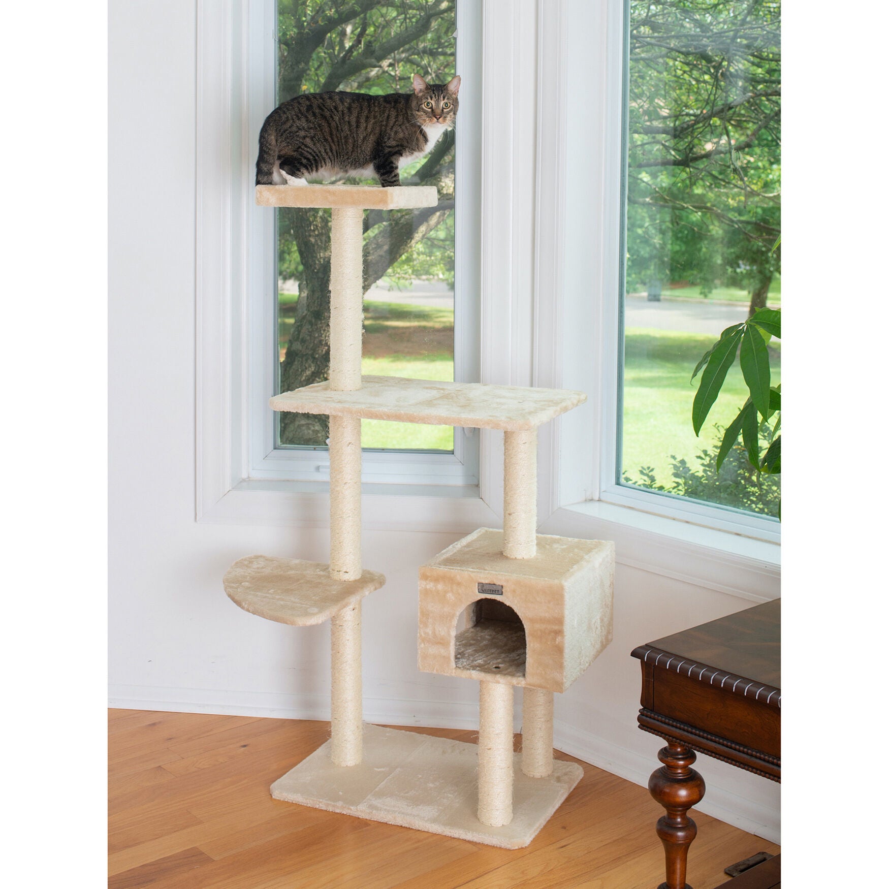 Gleepet 57 inches Beige Real Wood Cat Tree With Playhouse And Perch, , on-hover image number 1