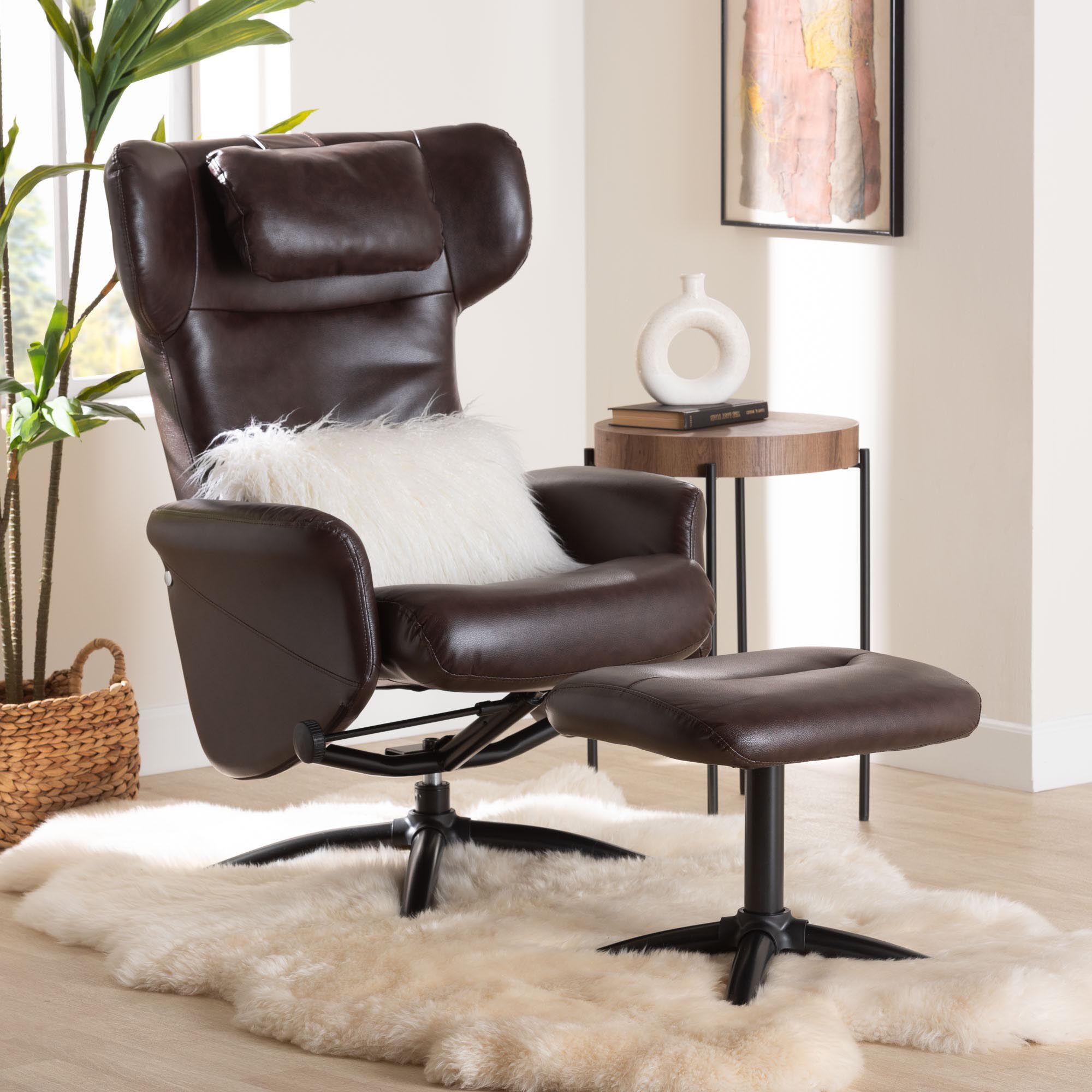 Elwood Modern Brown Faux Leather 2-Piece Lounge Chair and Footrest Set, DARK BROWN, hi-res image number 0