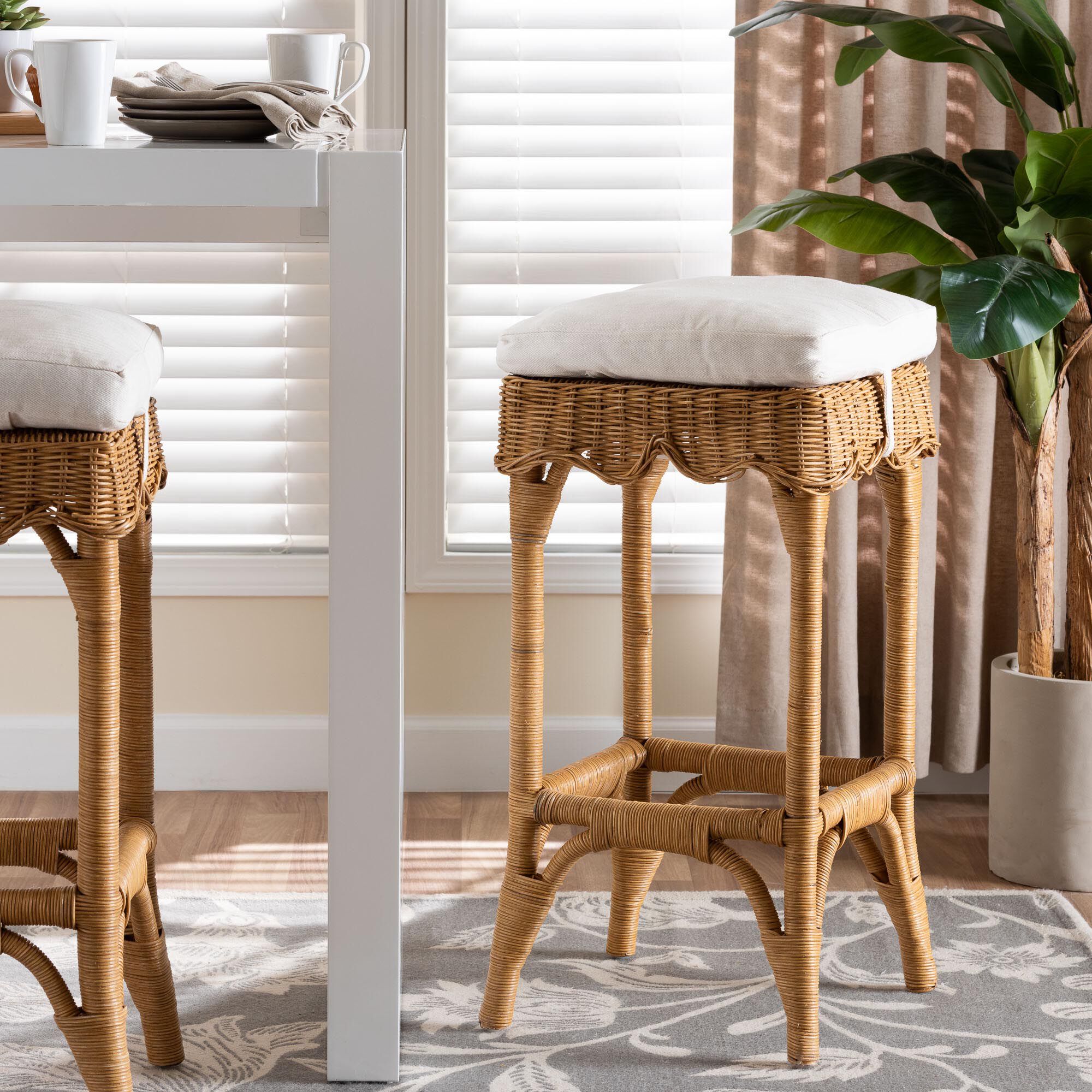 Muy Bohemian Scallop Honey Rattan Bar Stool, HONEY, hi-res image number 0