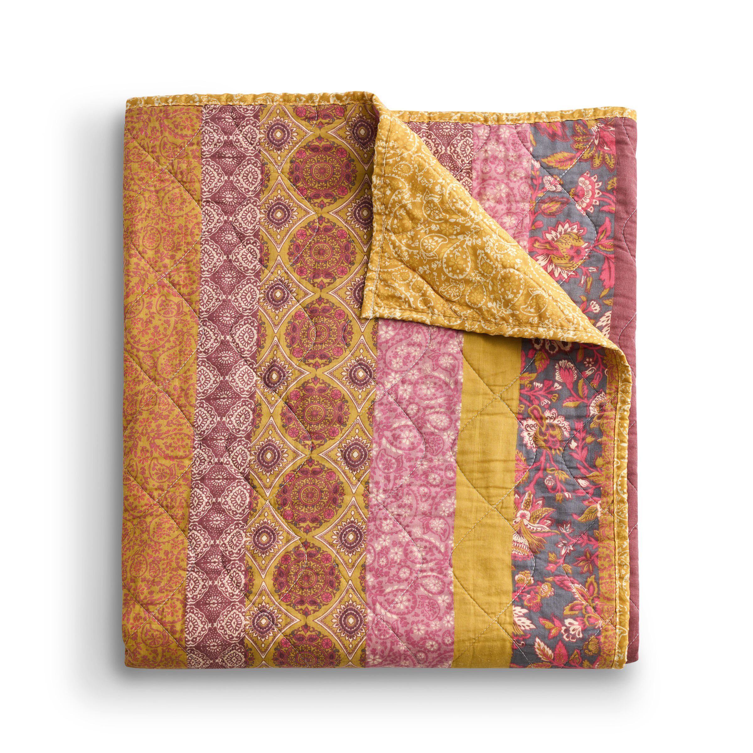 Marigold Floral Patchwork Stripes Quilted Throw Blanket, SUNSET, on-hover image number 1