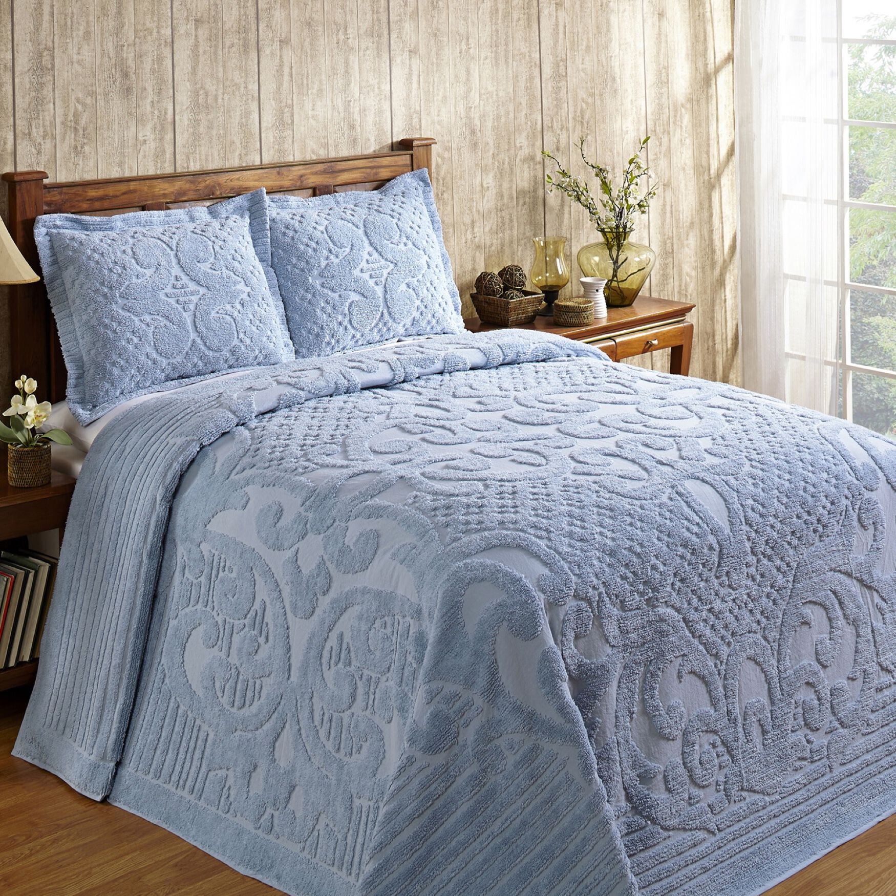 Ashton Collection Tufted Chenille Bedspread , BLUE, hi-res image number 0