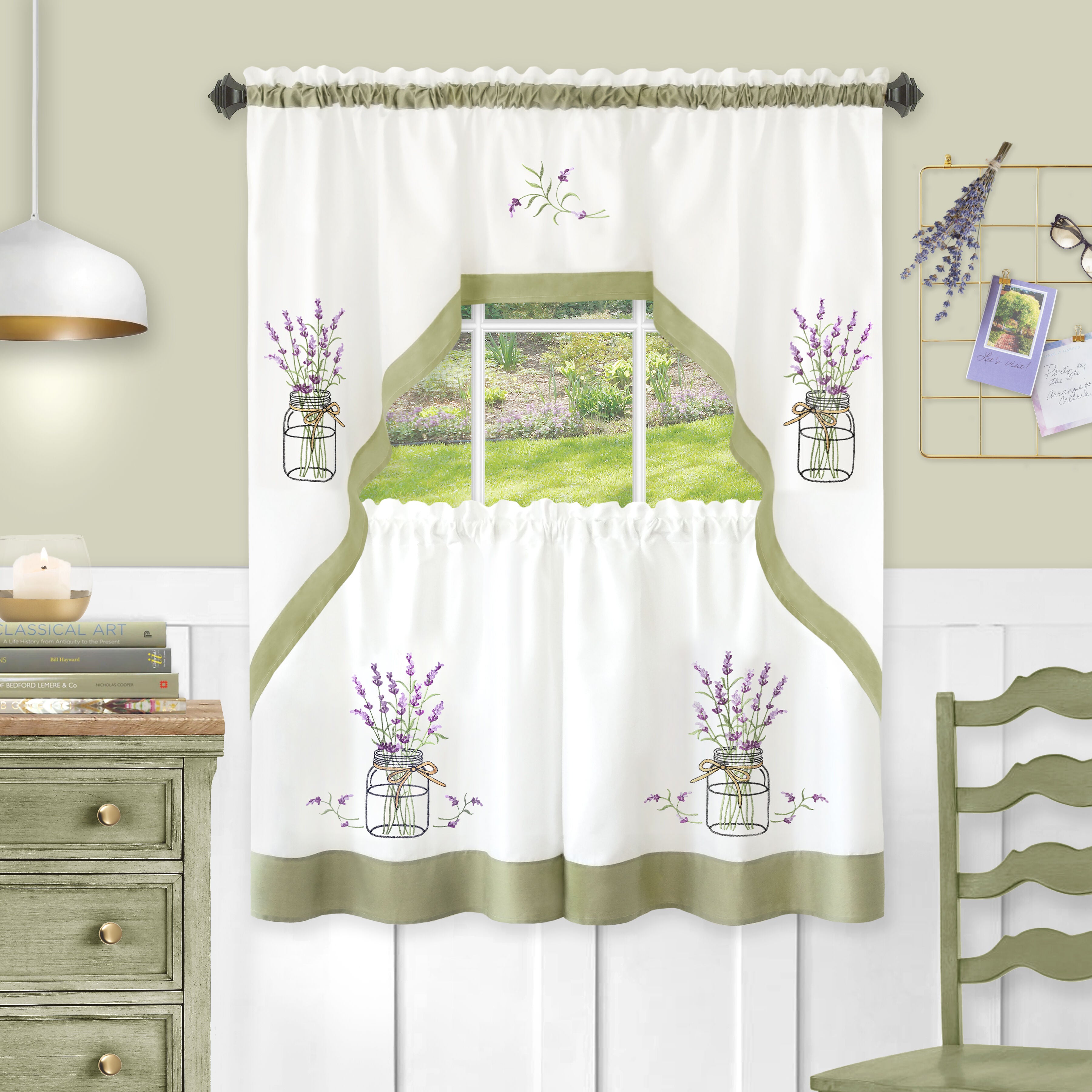 Lavender Embellished Tier and Swag Curtain Set, SAGE, hi-res image number 0
