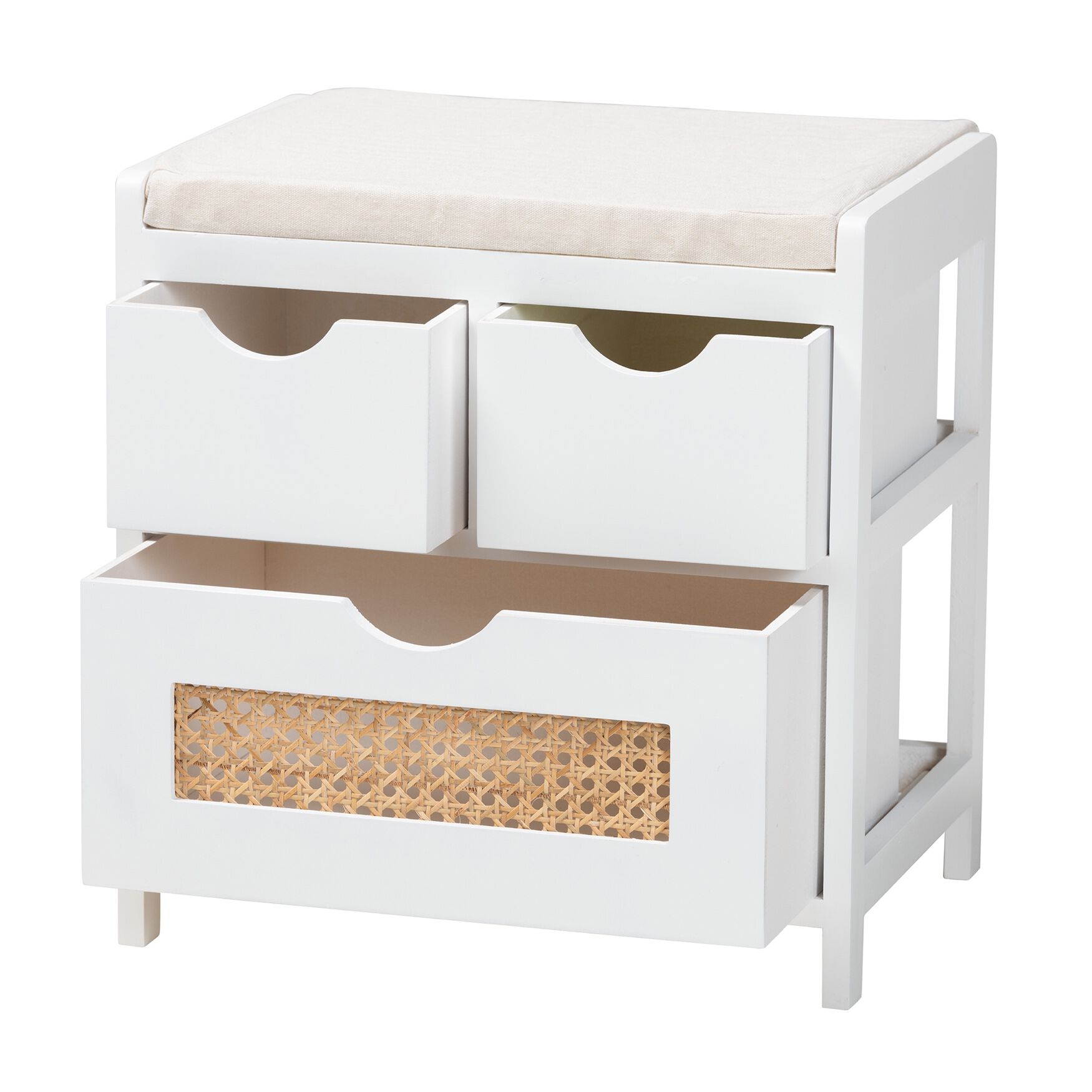Bastian Modern And Contemporary Light Beige Fabric And White Finished Wood 3-Drawer Storage Bench With Natural Rattan, , on-hover image number 1