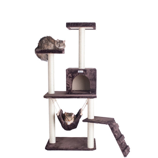 4 Level Gleepet Real Wood 57 inches Condo Cat Tree With Ramp, Hammock, COFFEE BROWN, hi-res image number null