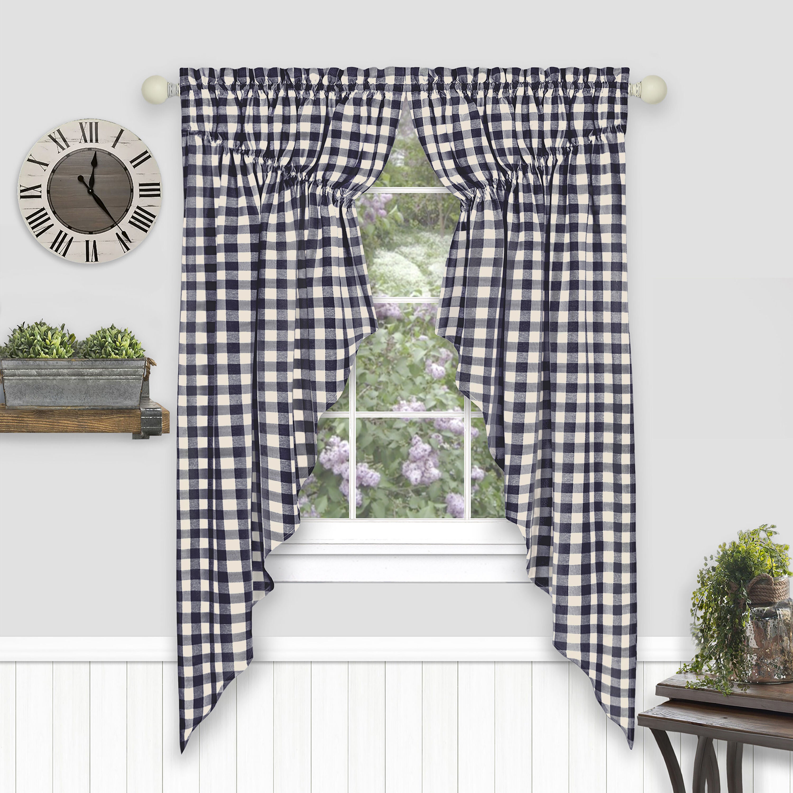 Buffalo Check Gathered Swag Window Curtain Pair, NAVY, hi-res image number 0