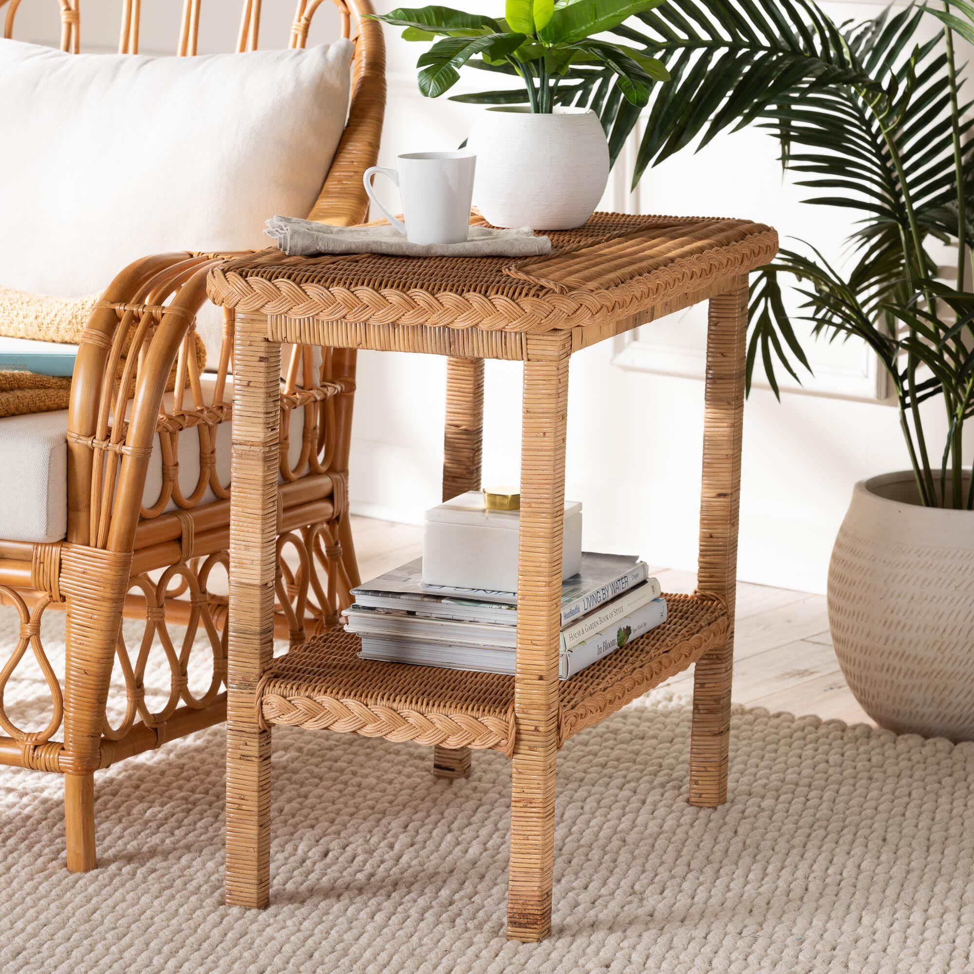 Minahasa Bohemian Light Honey Braided Rattan Side Table, HONEY, hi-res image number 0