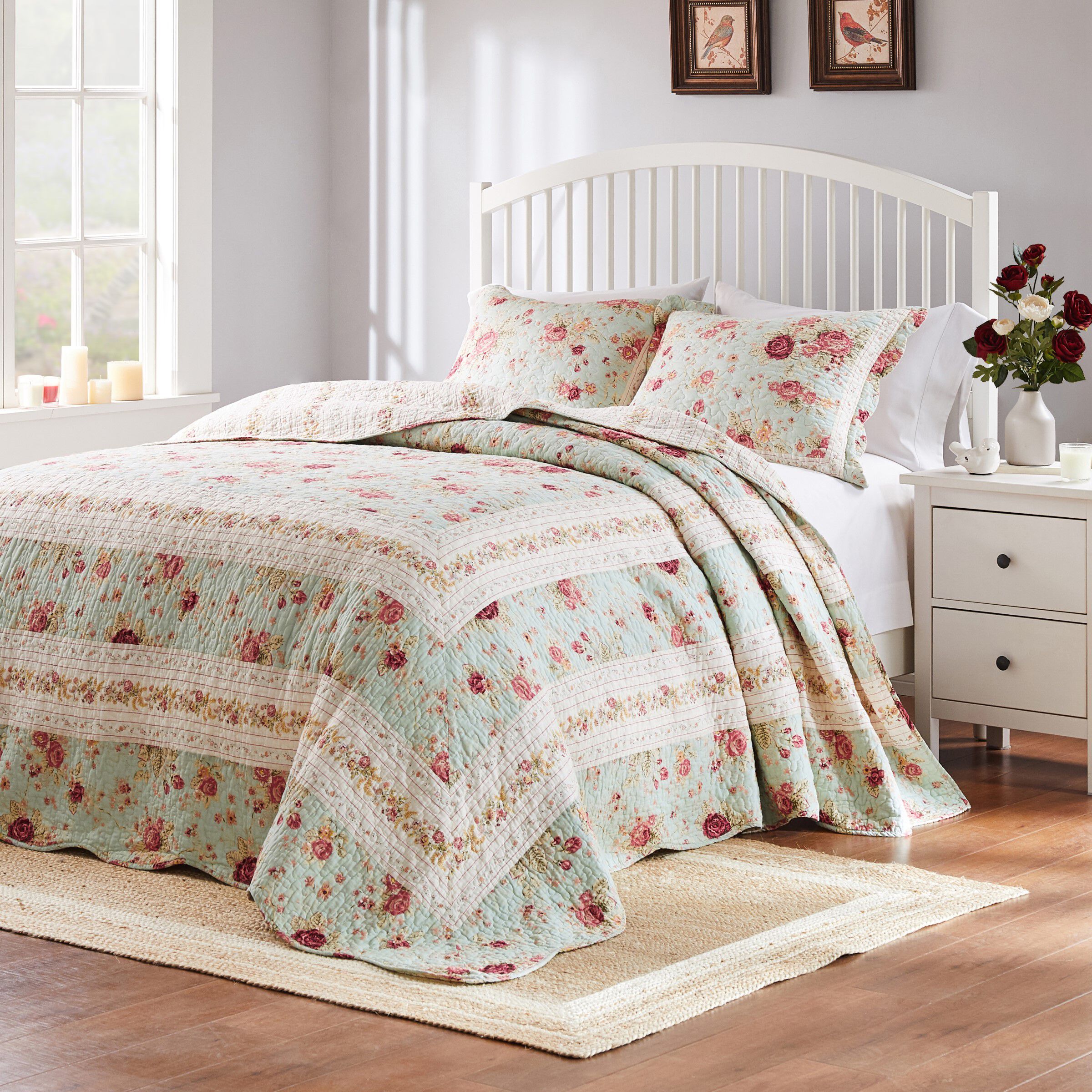 Antique Rose 100% Cotton Bedspread Set, BLUE, hi-res image number 0