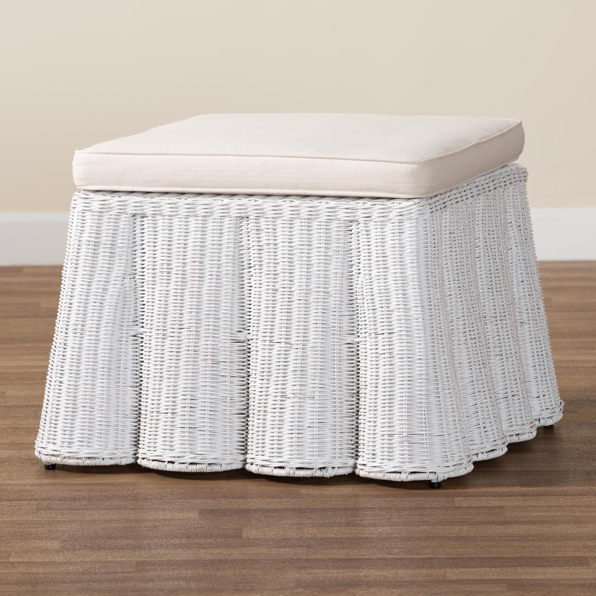 Palm Bohemian Scallop Rattan Ottoman, WHITE, alternate image number 6