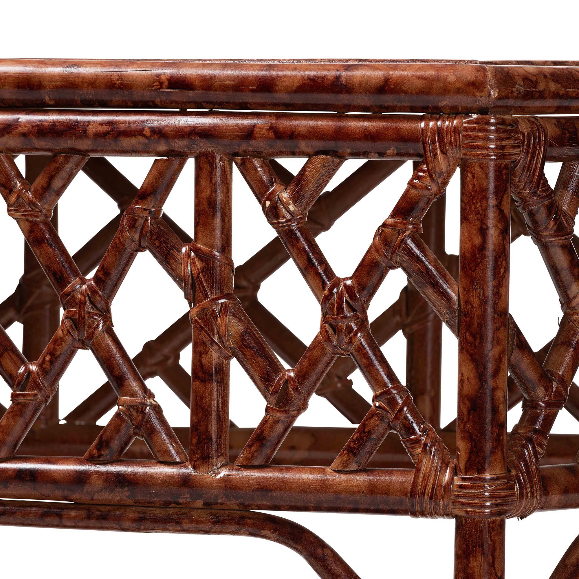 Close-up of the lattice pattern on the rattan console table.