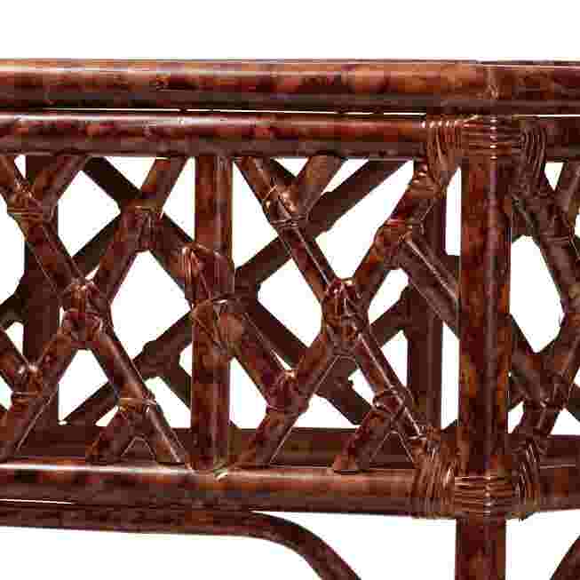 Close-up of the lattice pattern on the rattan console table.