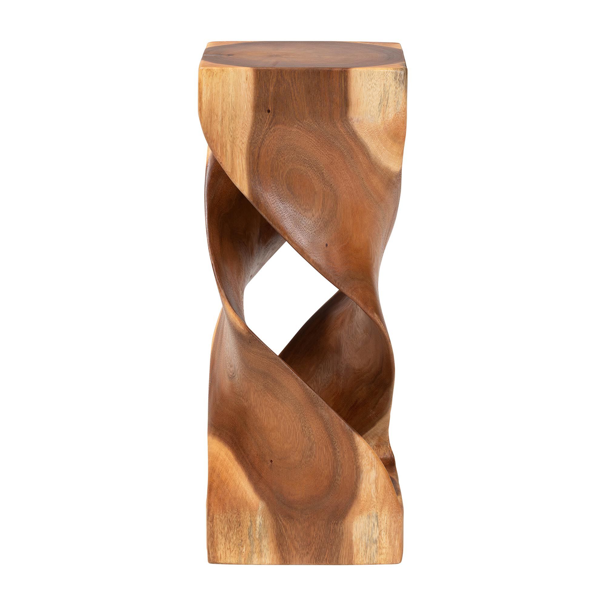 Rapha Suar Wood Accent Table - Hand-Carved Sculptural Pedestal Stand with Twist Design, BROWN, alternate image number 3